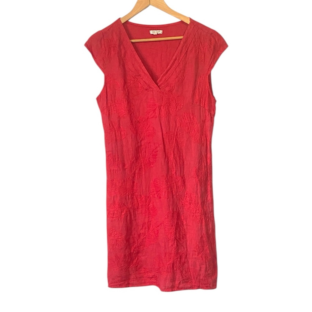 Lina Tomei Red linen embroidered floral sleeveless dress size Small